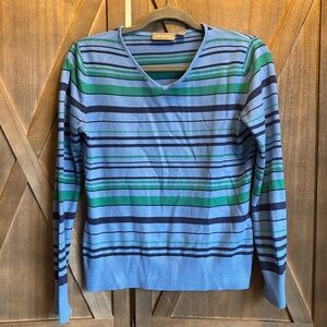 Ladies Small Croft and Barrow Sweater - Blue Green Navy Stripes